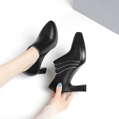 Escarpins Confortables en Cuir Souple à Bout Pointu et Décolleté Femme, Collection Automne 2024, Talons Carrés Hauts Pour Le Bureau, Idéal Maman Élégante