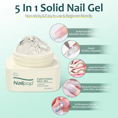 Nailpop Solid Nail Gel for Acrylic Nails Tips - Sculpting & Rhinestone Adhesive UV Gel Strong Adhesion Long-Lasting 20g