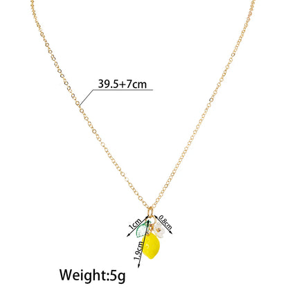 Fashion Cute Yellow Fruit Lemon Little Flower Green Leaf Pendant Metal Chain Adjustable Necklace for Women Summer Jewelry Gifts