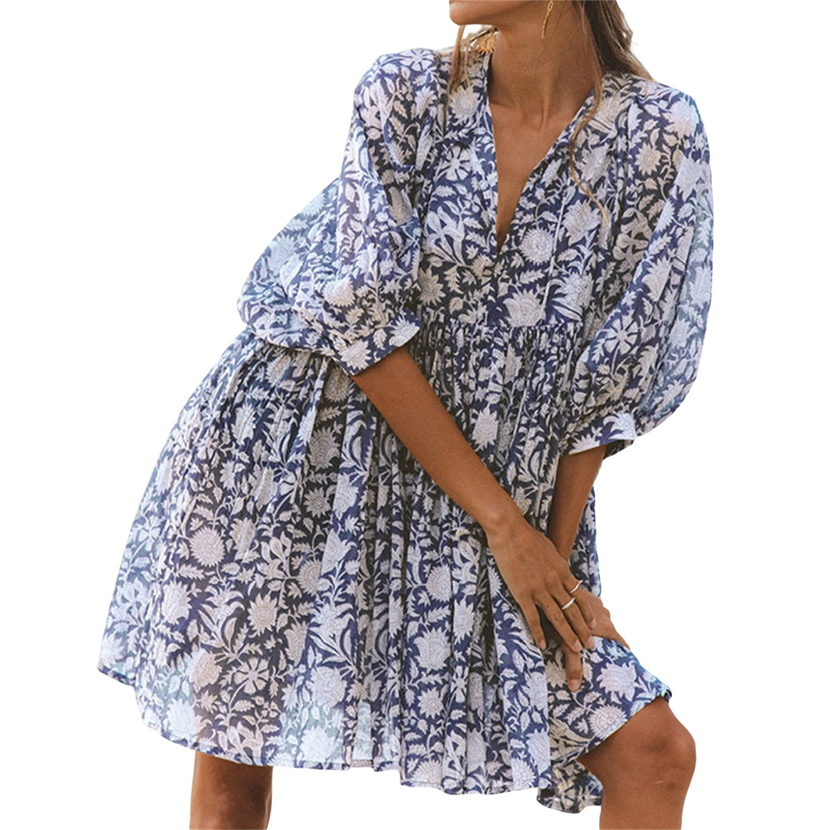 Women's Mini Dress, Half Sleeve V-Neck Lacing Flower Print Pleated Loose Summer Dress for Casual Daily