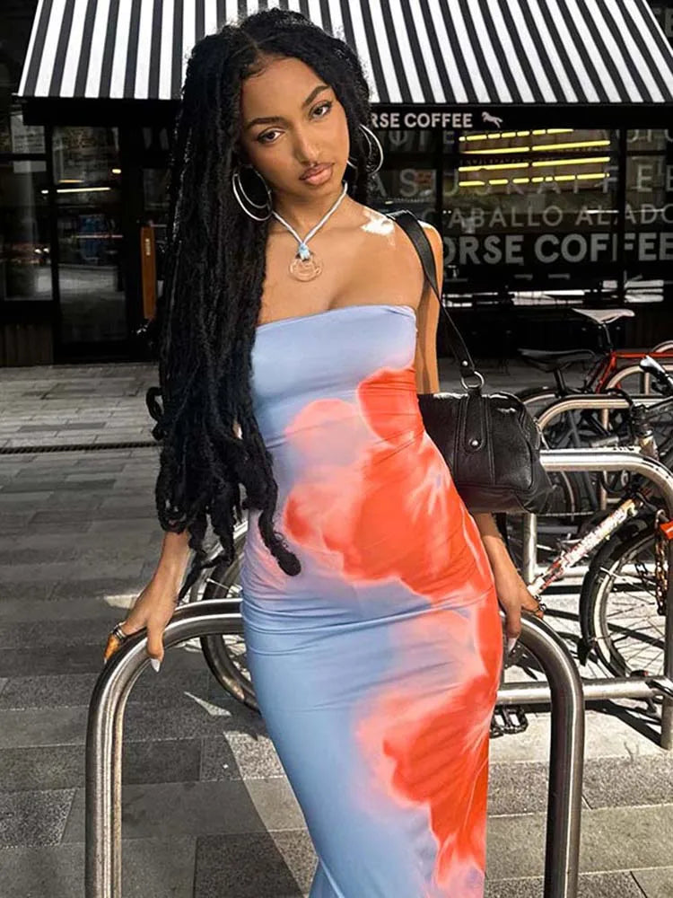 Robe longue sexy sans bretelles à imprimé tube pour femmes, épaules dénudées, dos nu, extensible, longue, robe d'été 2025, vêtements de plage Y2K