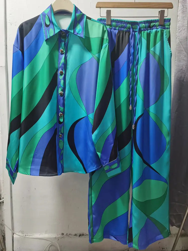 Women 2 Piece Outfits Abstract Print  Shirt Wide Leg Pants Set Elegant Long Sleeve Lapel Blouse Elastic Waist Trousers Matching