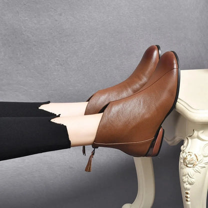 Bottes courtes en cuir pour femmes à semelle souple, bottines à talon bas en peluche chaude pour l'automne et l'hiver 2023