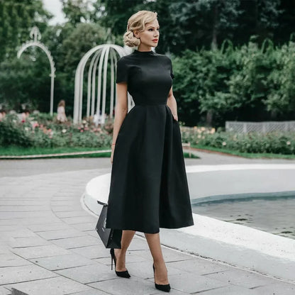 Robe trapèze élégante noire pour femme 2024, Col semi-montant, Taille haute, Coupe ajustée, Robe de bureau unie pour femme, Vestidos