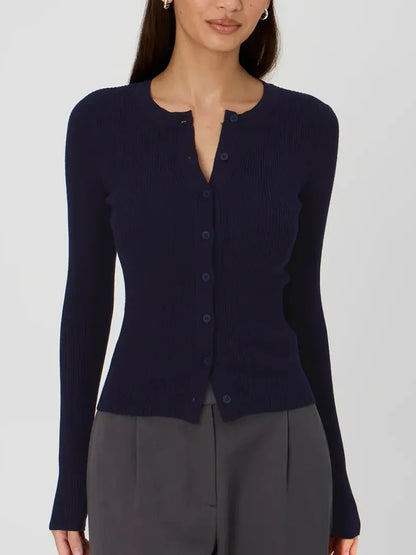 Women's Ribbed Cardigan Tops Spring Fall Solid Color Long Sleeve Round Neck Button Up Cropped Sweaters Female Casual Pullovers