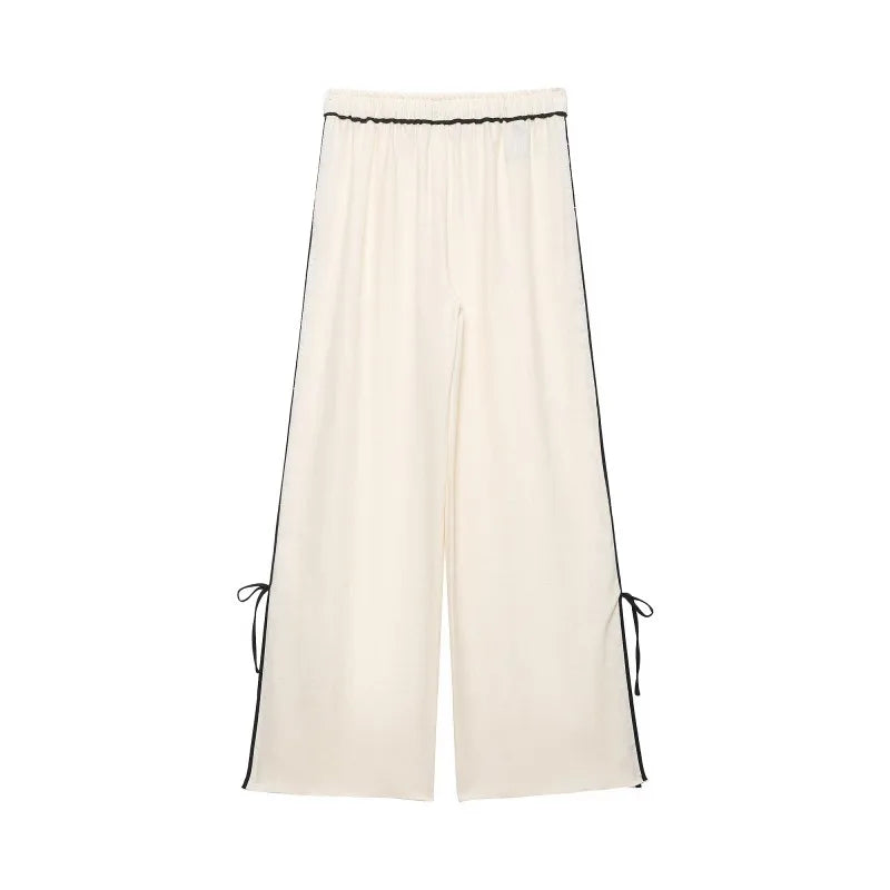 Women's Two Piece Set, Lapel V Neck Blouse with Tie Cuffs and Wide Leg Pants, Casual Trim Detail Outfit