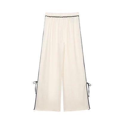 Women's Two Piece Set, Lapel V Neck Blouse with Tie Cuffs and Wide Leg Pants, Casual Trim Detail Outfit