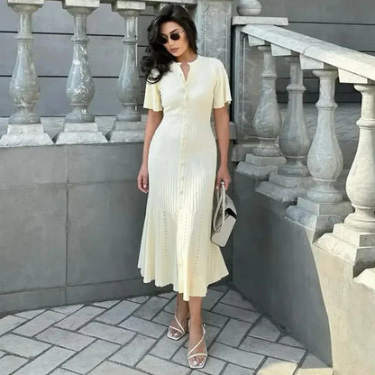 Elegant Solid Knitted Long Dress For Women Fashion O Neck Short Sleeve Single Breasted Female Robes 2024 Autumn New Lady Dresses