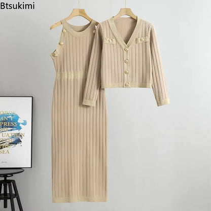 Ensembles de robes de style français pour femmes, taille haute, deux pièces tricotées, pull, robe débardeur et manteaux, mode élégante printemps-automne
