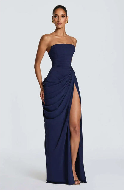 Robe Femme Sexy Unie Plissée Sans Bretelles Chic Épaules Dénudées Dos Nu Taille Haute Fendue Robes de Soirée 2026 Nouvelles