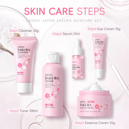 LAIKOU Sakura Kit Ensemble de Soins de la Peau Hydratant et Réducteur de Rides Fines Produit Nettoyant les Pores 5 Pièces Cadeau pour la Fête des Femmes Coréenne