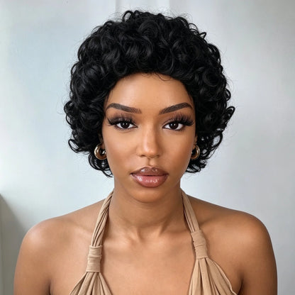 Women's Kinky Curly Human Hair Wig Glueless Full Machine Made Short Pixie Cut Wig Natural Looking Suitable For Party Casual Wear