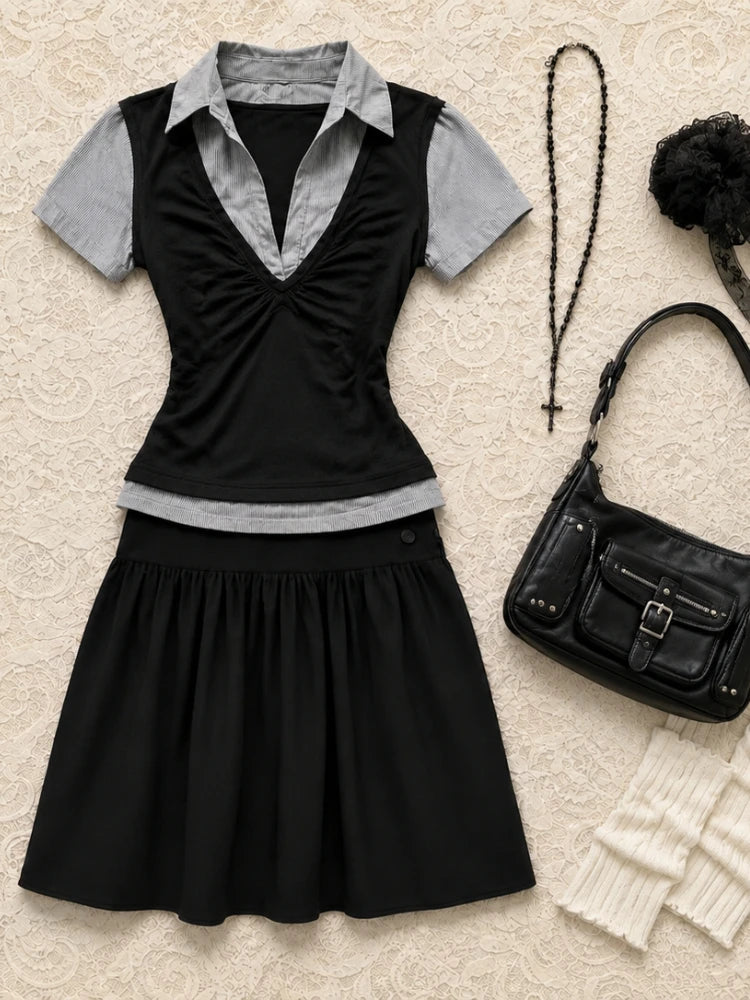 Womens Retro Plaid 2 Piece Outfit 2026 Autumn Korean Short Sleeve Blouse High Waist Pleated Skirt Harajuku Y2K Daily Street Wear
