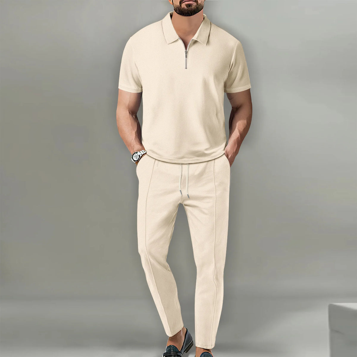 Ensemble Polo et Short de Sport pour Homme, Manches Courtes, Chemise Polo Élégante avec Fermeture Éclair et Short, Ensemble Décontracté Streetwear 2 Pièces pour Homme