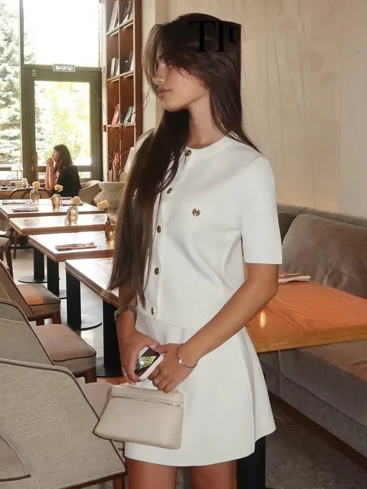 HH Women's Elegant Suit Round Collar Single-Breasted With Short Sleeve Pocket Knitted Top+Elastic Waist Mini Skirt Set