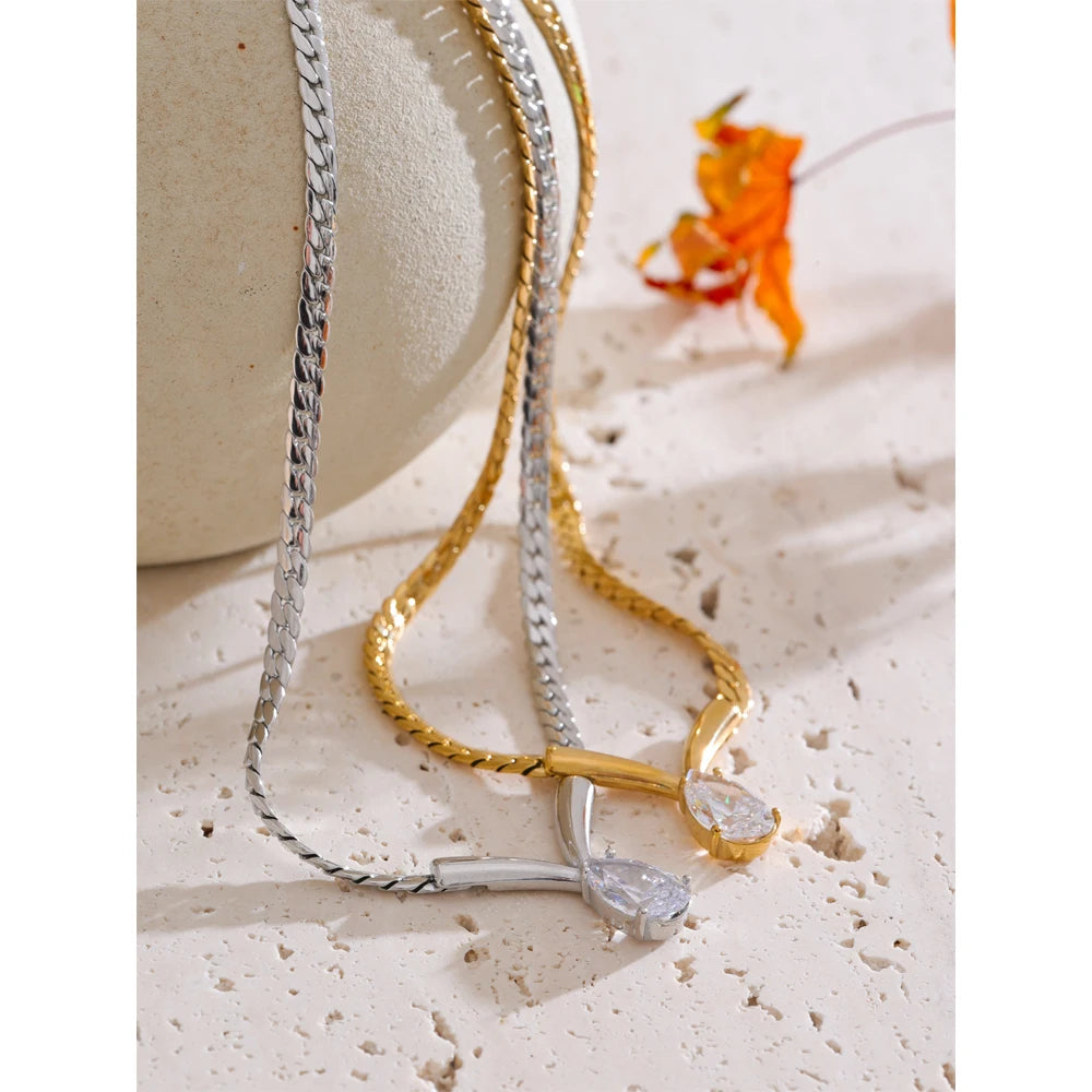Yhpup Stainless Steel High Quality Polished Chain Cubic Zirconia Statement Necklace Real Gold PVD Plated Fashion Shiny Jewelry