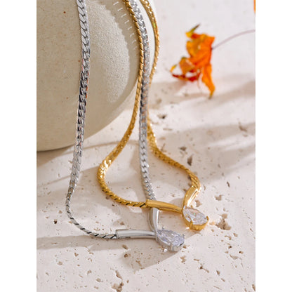 Yhpup Stainless Steel High Quality Polished Chain Cubic Zirconia Statement Necklace Real Gold PVD Plated Fashion Shiny Jewelry