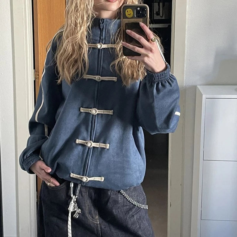 Combhasaki Women's Chinese Frog Button-down Jacket Y2k Vintage Zip Up Sweatshirt Funnel Neck Bomber Jacket Preppy Streetwear