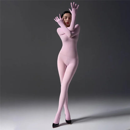 Combinaison moulante pour femme avec capuche, unité très élastique, huile brillante et lustrée, body sexy, gants à cinq doigts, collants gainants et fuselés.