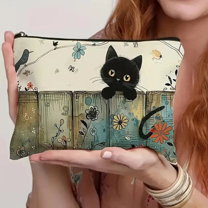 Black Cat Floral Zipper Pouch - Durable, Fade-Resistant Cosmetic Bag, Gift for Sisters, Friends, Cat Lovers | Vibrant Design