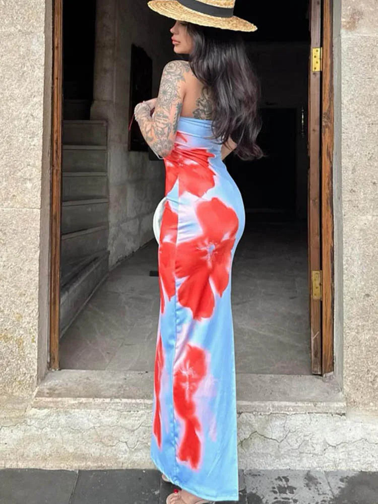 Robe longue sexy sans bretelles à imprimé tube pour femmes, épaules dénudées, dos nu, extensible, longue, robe d'été 2025, vêtements de plage Y2K