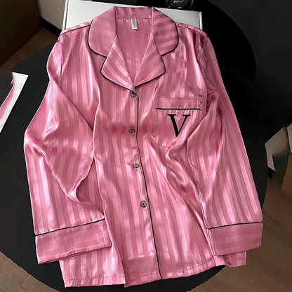 Women Two-Piece Pajamas Lady Sleepwear 2025 New Classic Female Housewear Simulated Silk Summer Cool Long Sleeve Trousers Suit