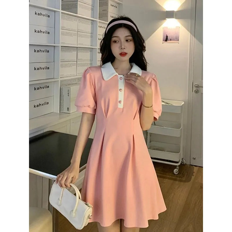 Women's Mini Dress Contrast Polo Collar with Puff Sleeves Pleated Skirt