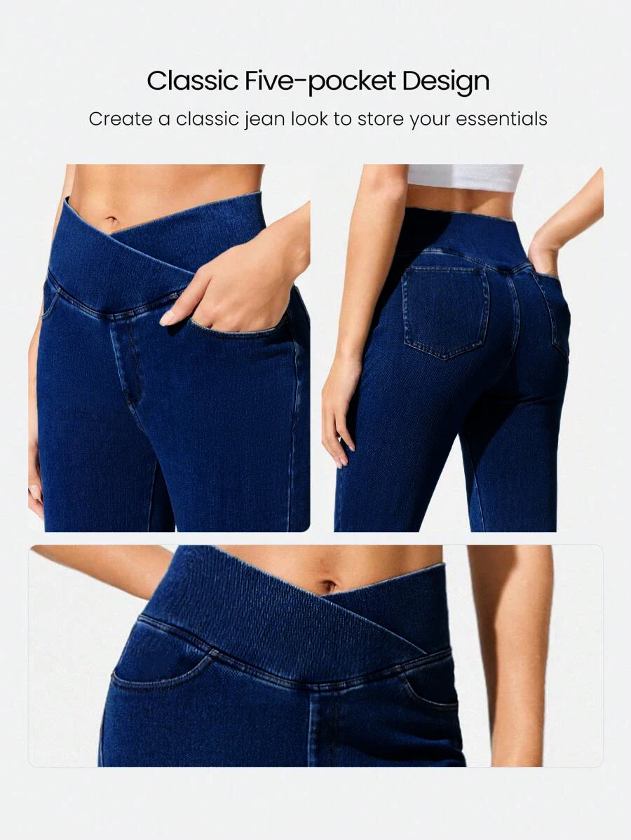 Jean amincissant polyvalent Printemps/Été Nouveau style Jean évasé taille croisée ultra-extensible pour femme Jean en maille rehausseur de hanches