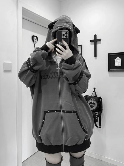 Black Cat Ear Zip Up Hoodie Japanese Subculture Women Devil Pinstripe Heart Print Oversized Metal Buckle Punk Streetwear Outfit
