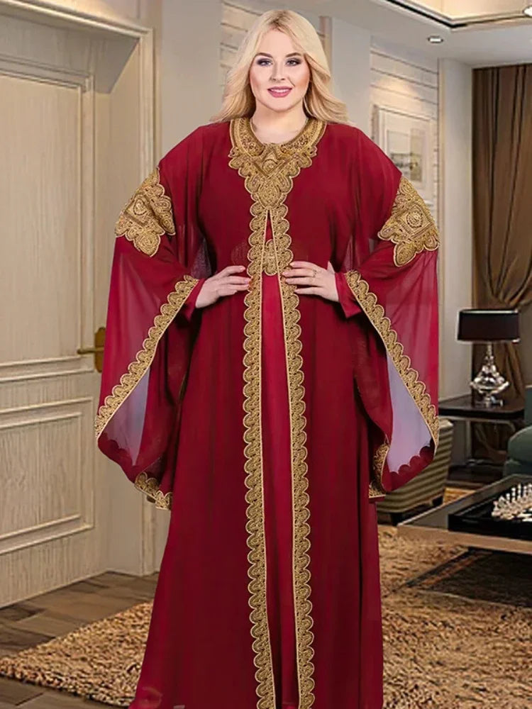Party Dresses for Women Abaya Muslim Caftan 2 Piece Set Eid Flare Sleeves Robe Embroidered Gold Lace Dress Suit Jalabiya Ramadan