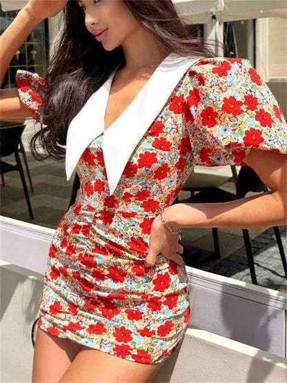 Mini Dress For Women Summer Printed Fashion Short Sleeve  Contrast V-Neck Elegant Dress Female Bodycon Dress New