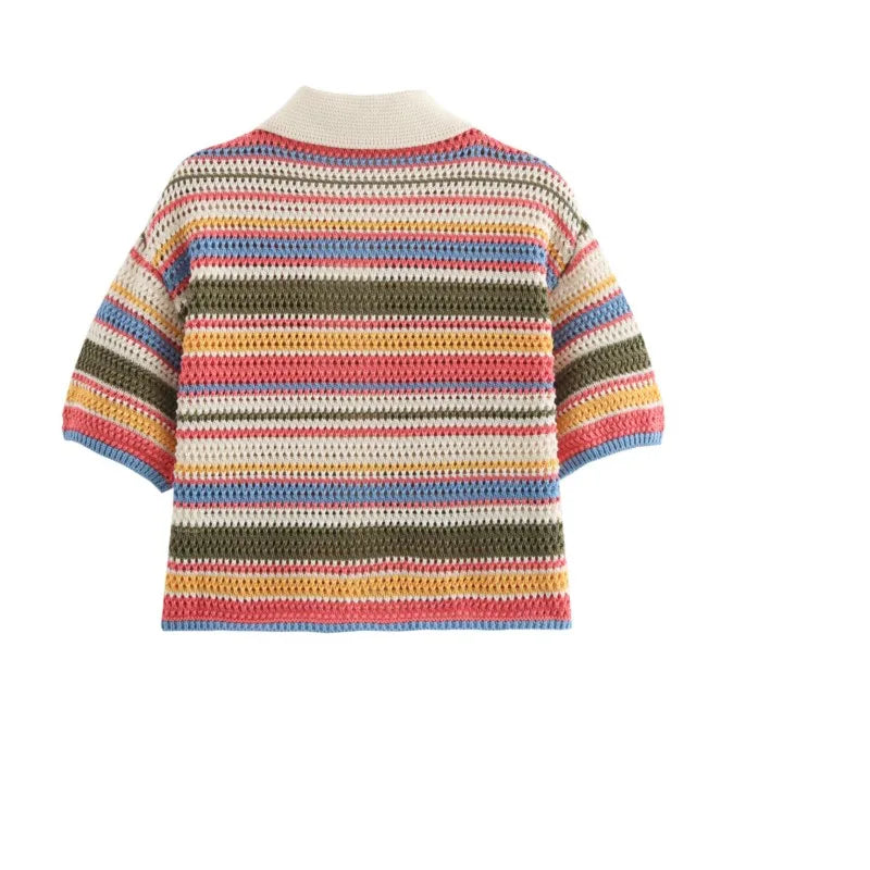 Women Patchwork Striped Hollow Out Crochet Knitted Crop Sweater Shorts Set Short Sleeve Polo Collar Sweater Knit Shorts Suit Y2K