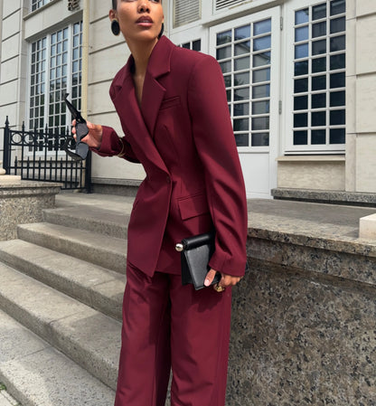 Women 2 Piece Suit Set Double Breasted Waist‑Fitted Blazer Wide Leg Pants Formal Office Business Lady Wedding Party Customized