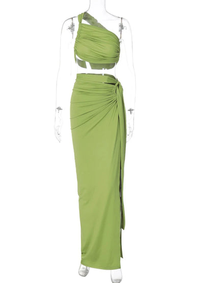 Beyprern Making Wishes Skirt Set Green Ruched Crop Top And Maxi Split Skirt Co Ord Set Women Bandeau Skirt Set Two-Piece Dress
