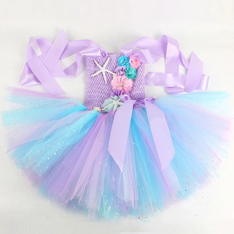 Girls' LED Flashing Mermaid Performance Clothing, Kids' Birthday Beauty Outfit, Fish-Tail Floral Mermaid Princess Tulle Dress