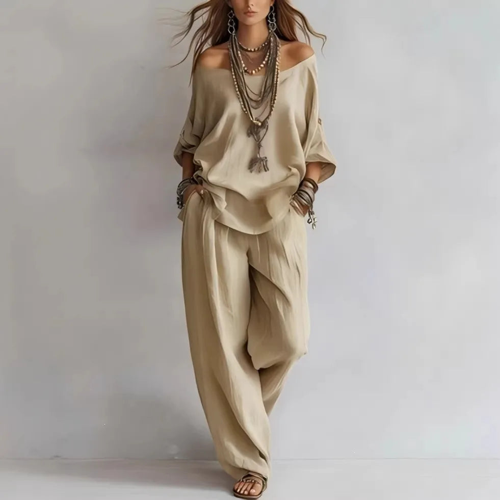 Women's 2 Piece Outfit Casual Loose Off Shoulder Long Sleeve Top & Wide Leg Pants Set Elegant Solid Color  Matching for Summer