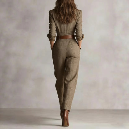 Womens Jumpsuit Beige Plaid Shirt-Style Jumpsuits Belted Wide-Leg Casual Office Jumpsuits 2026 Fashionable Outfit Vestido