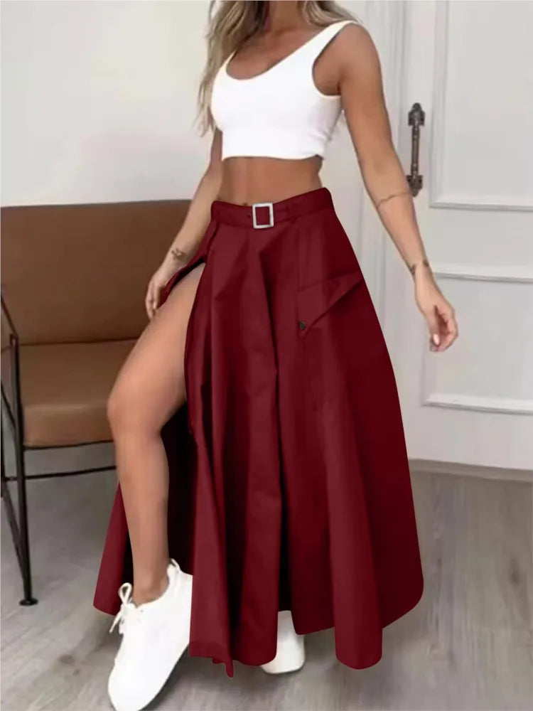 Women Fashion Solid Casual High Waist Skirt Set Summer White Tank Zipper Decoration With Belts Pockets High Slit Maxi Skirt Sets
