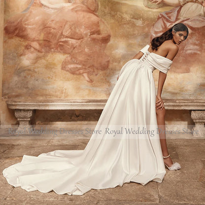 Mini Wedding Dress with Detachable Train Off the Shoulder Luxury  Gown Long 2023 Ivory Satin Backless Lace-up Bridal