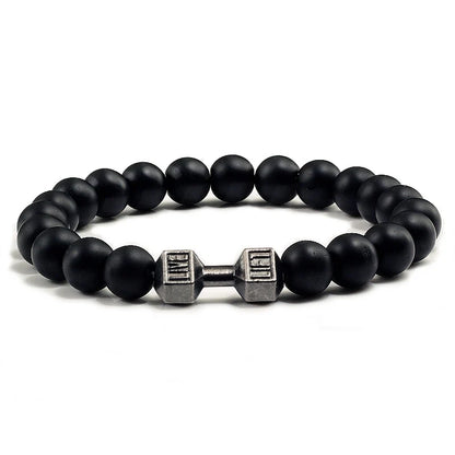 Bracelet en pierre volcanique naturelle pour hommes, perles mates noires, breloque haltère, bracelets à breloques pour femmes, bijoux de fitness