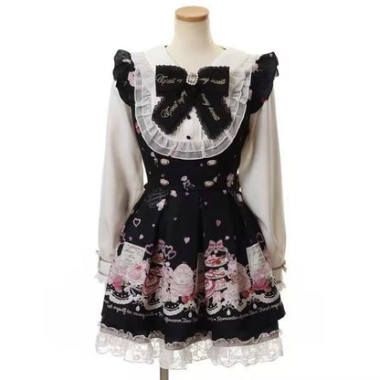 Ensemble robe à nœud en strass style Kawaii japonais pour femme, robe chemise mignonne style Lolita, dentelle, imprimé perle, robe de soirée gothique Y2k