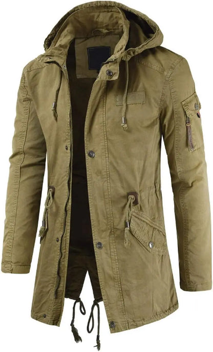 Men Long Cargo Parka Men's Spring Military Full-Zip Removable Hooded Cotton Mid-Long Parka Jacket Fleece Lined Plush Warm Coat