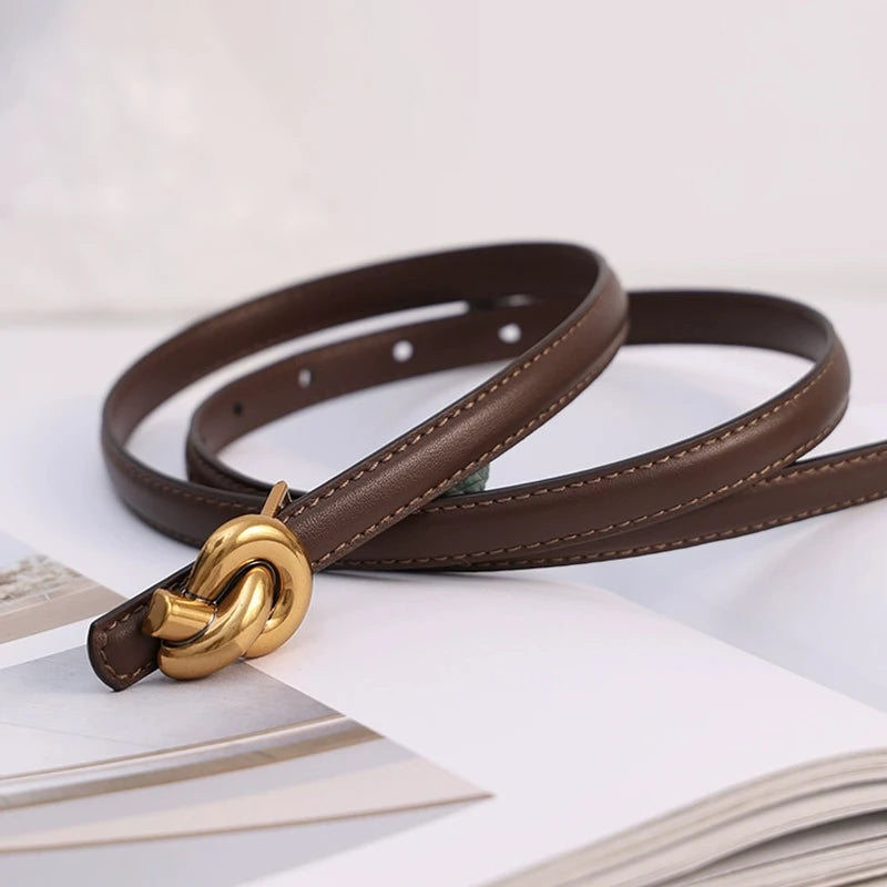 Premium Genuine Leather Women's Fashion Belt with High-Quality Metal Knot Buckle for Dresses and Jeans
