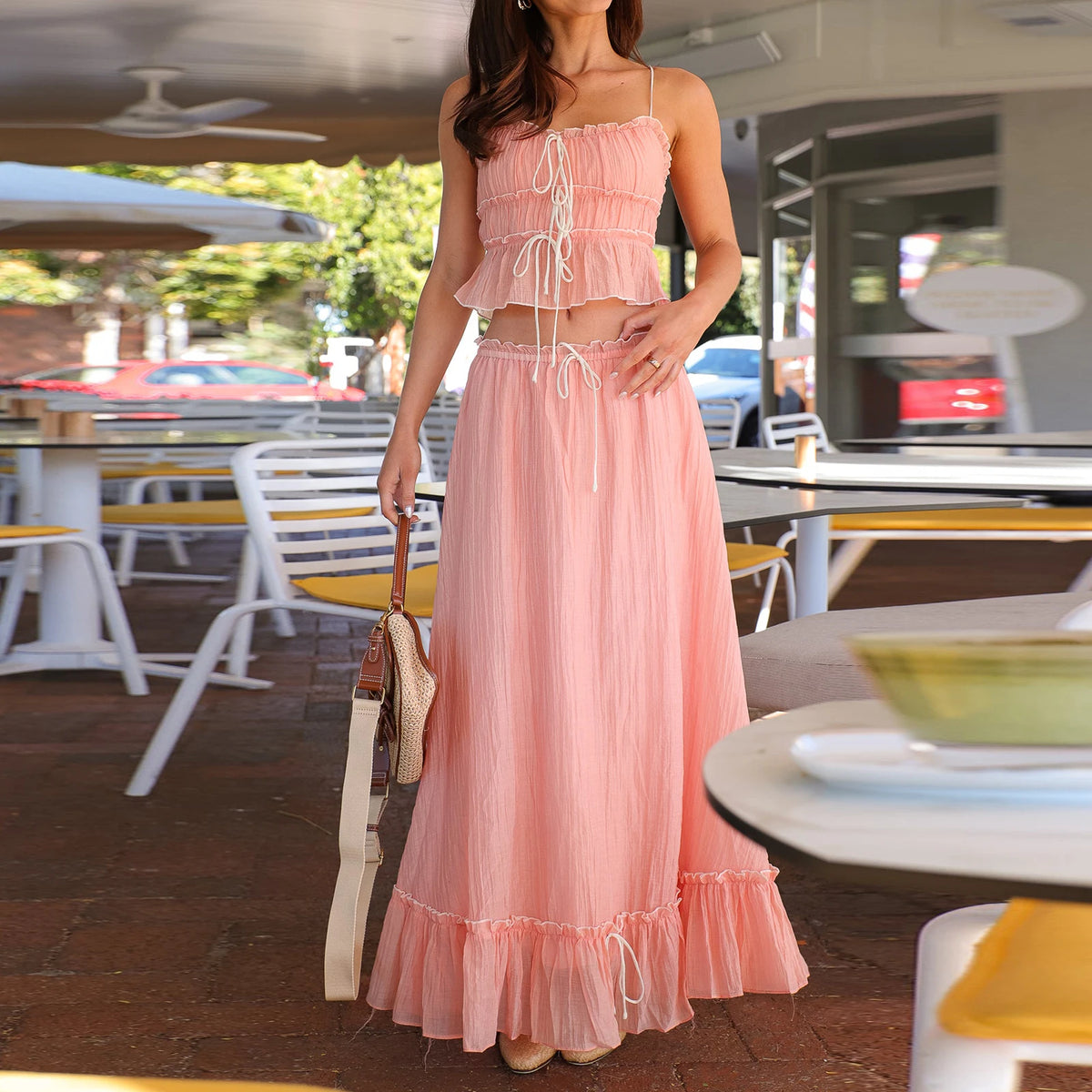 Women Y2k 2 Piece Outfits Patchwork Front Tie-Up Camisoles and Ruched Ruffle Maxi Skirt Matching Set Beachwear