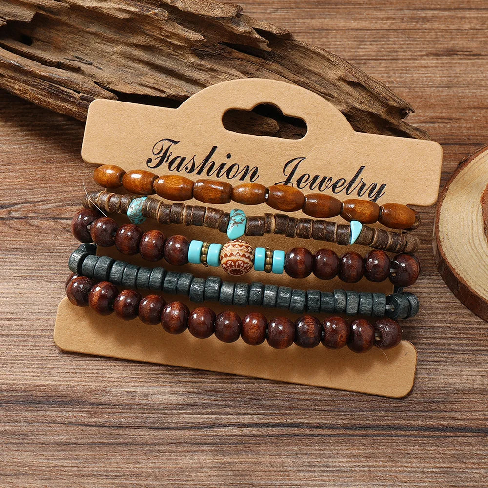 5Pcs Wood Beads Beaded Bracelet Set For Men Women Vintage Wood Beads Elastic Chain Bangle Fashion Daily Party Jewelry