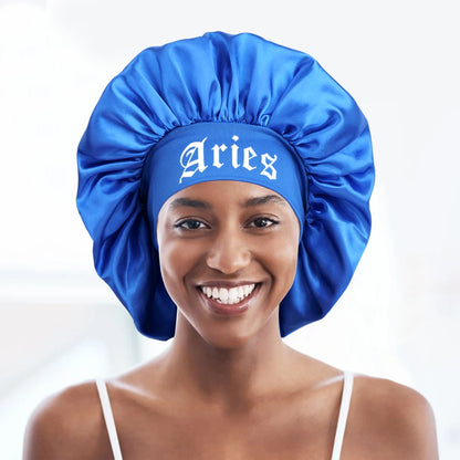 1PConstellation printing satin wide band sleep bonnet ,soft sleeping bonnet with wrap band,make up washing face daily use bonnet