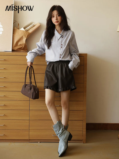 MISHOW Chemise Rayée Asymétrique Femme Nouveauté Automne 2025 Vintage Ample Manches Longues Hauts Vêtements de Bureau Femme MXE42C2375
