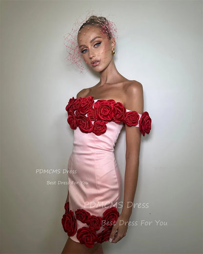 Trendy Pink Short Party Dresses Lady Red Flowers Mini Sexy Cocktail Dress Night Event Prom Gowns Boat Neck Summer Skirt Birthday