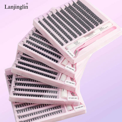 Nouveau kit de cils individuels 10 rangées - Cils groupés naturels longs à faire soi-même avec colle et scellant pour extensions de cils - Outils de maquillage Faux Cils