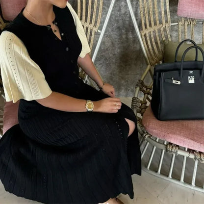 Elegant Solid Knitted Long Dress For Women Fashion O Neck Short Sleeve Single Breasted Female Robes 2024 Autumn New Lady Dresses